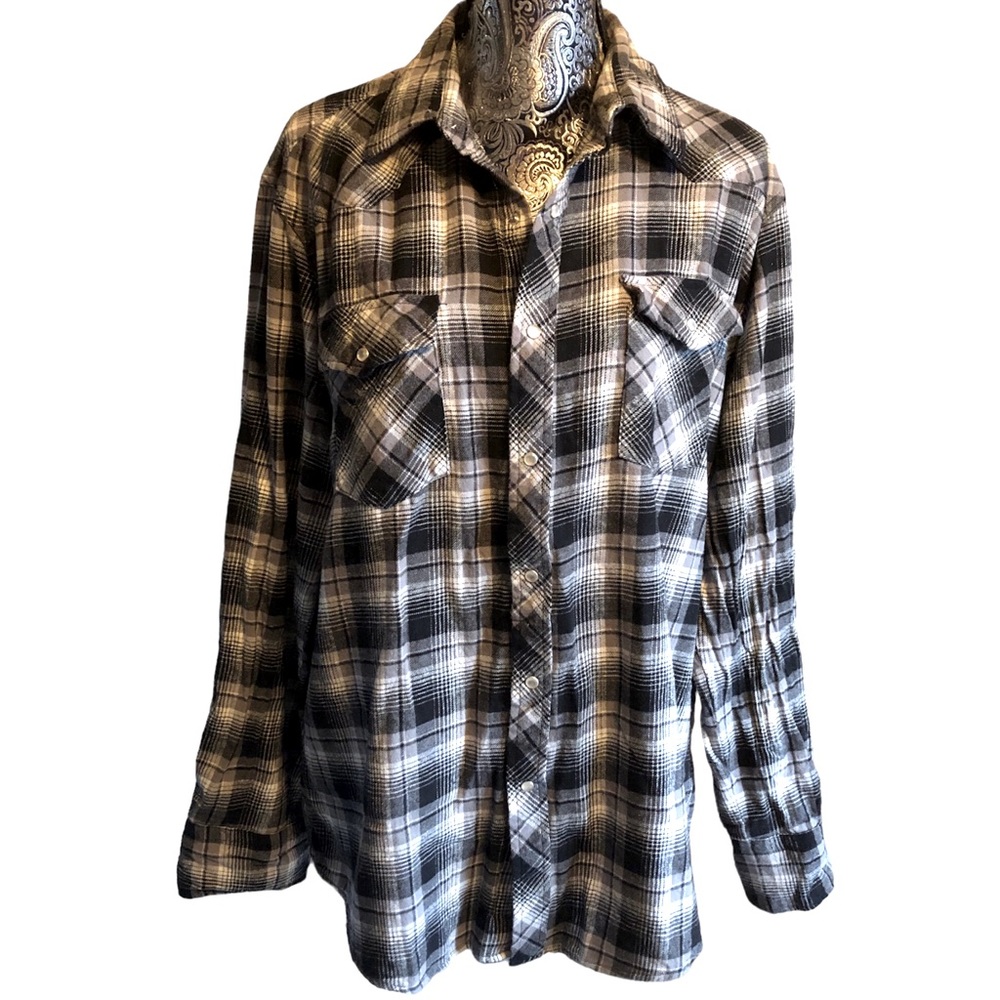 Wrangler pearl snap western plaid black white grey mens long Wrancher Flannel XL